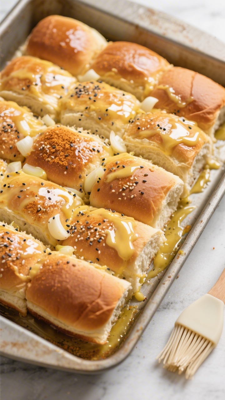 Cooking process: Overhead shot of the assembled slider slab in a greased baking dish right after gla