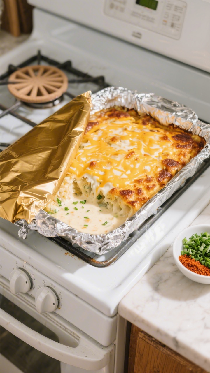 Cooking process: Overhead shot of the casserole mid-bake after foil removal, with the top layer of c