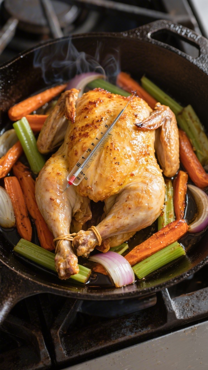 Cooking process: Overhead shot of the chicken finishing at high heat in a cast-iron skillet, breast-