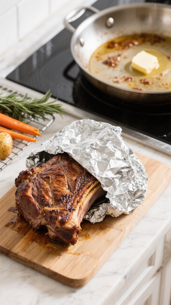 Cooking process: Overhead shot of the lamb resting on a wooden cutting board, tented foil pulled bac