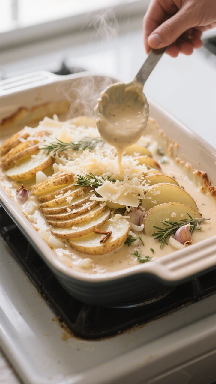 Cooking process: Overhead shot of the layering step in a greased 2-quart baking dish—neatly shingl