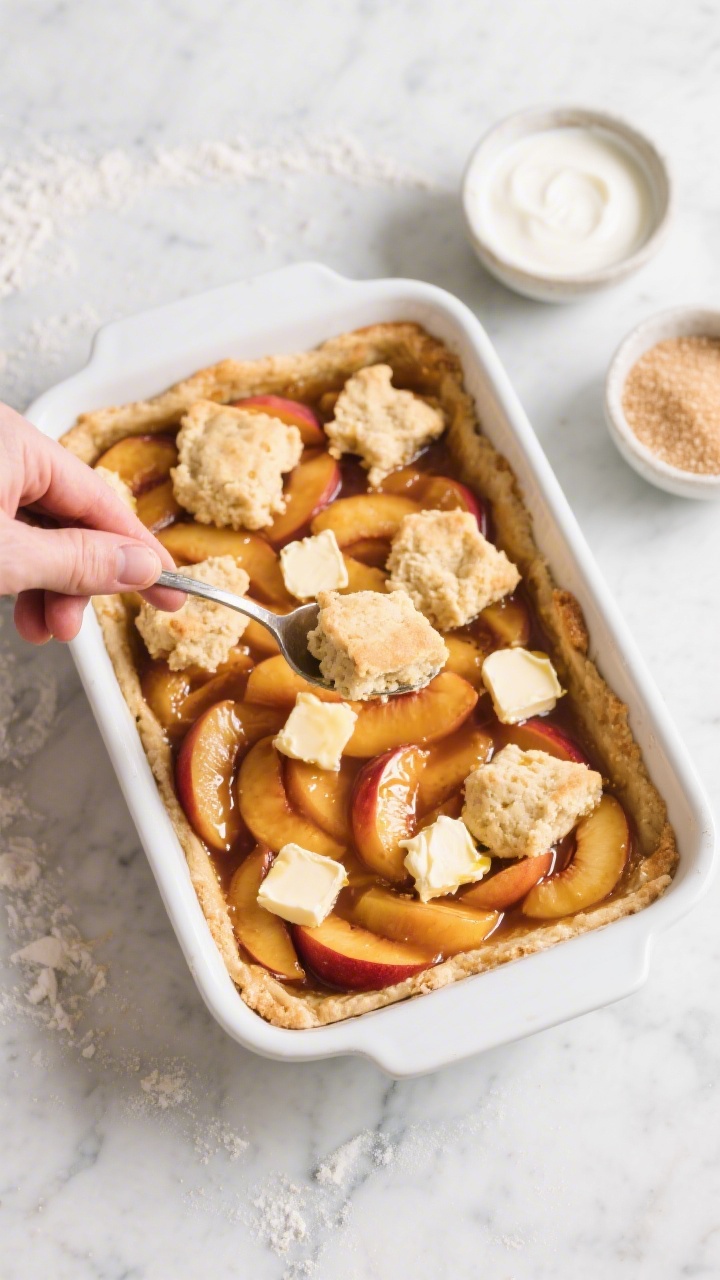 Cooking process: Overhead shot of the pre-baked peach layer just pulled from the oven in a buttered 