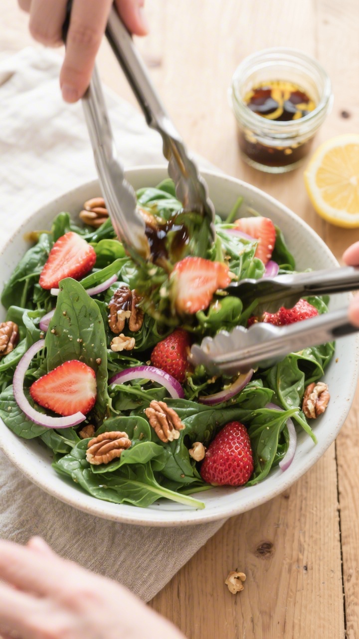 Cooking process: Overhead shot of the salad being gently tossed after a light drizzle of balsamic vi