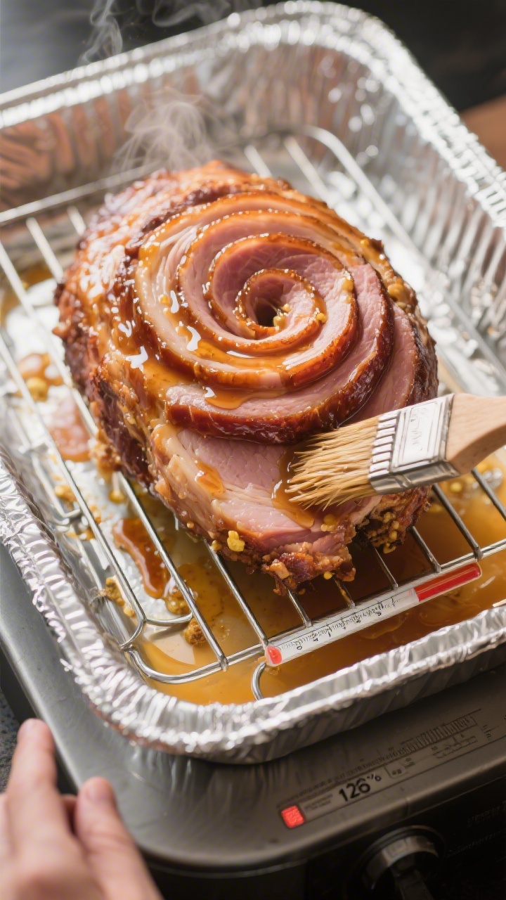 Cooking process: Overhead shot of the spiral-sliced ham on a rack in a foil-lined roasting pan just