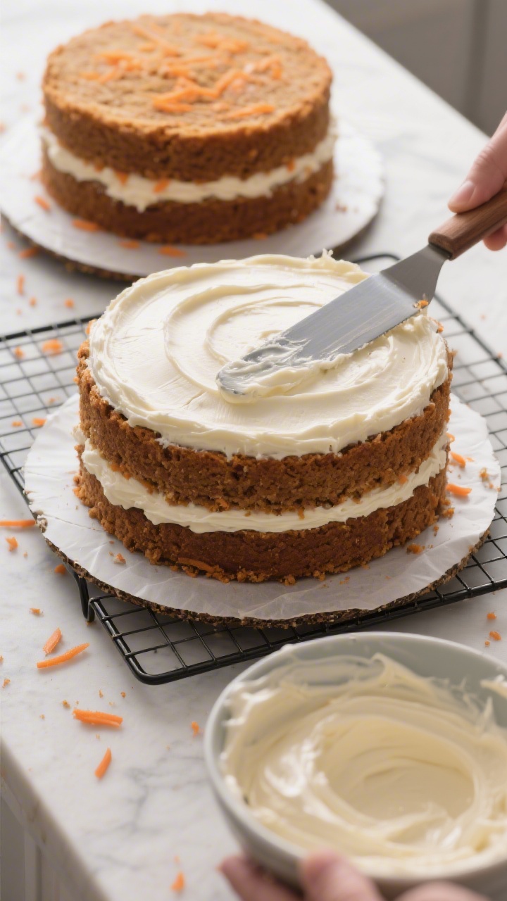 Cooking process: Overhead shot of two fully cooled 8-inch carrot cake layers on wire racks being fil