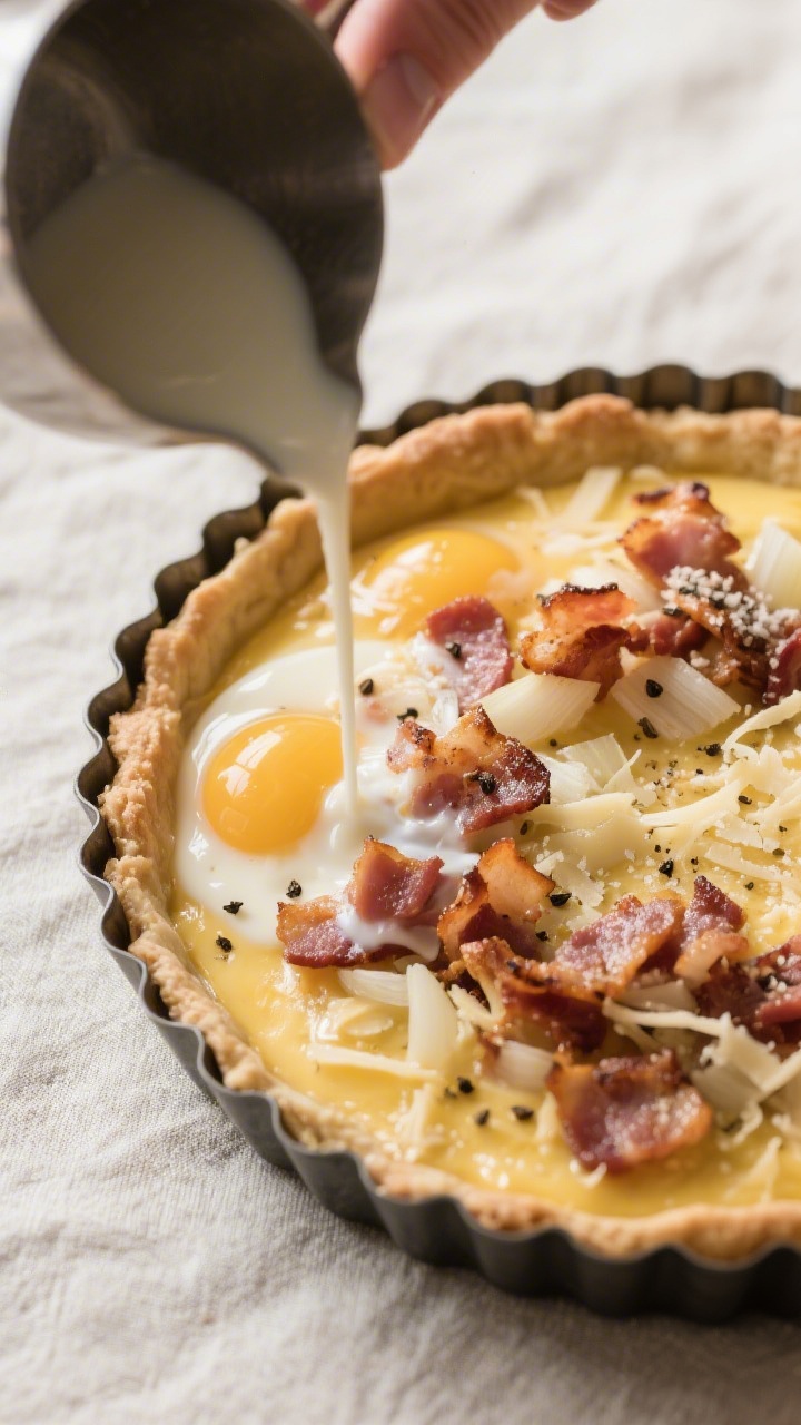 Cooking process: Sautéed bacon lardons and translucent minced shallot being layered into the par-ba