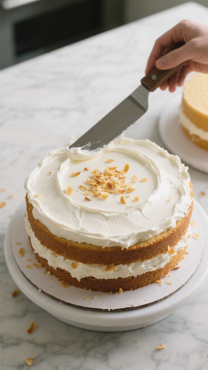 Cooking process scene: leveled cake layer on a rotating cake turntable mid-assembly, with a thick, g