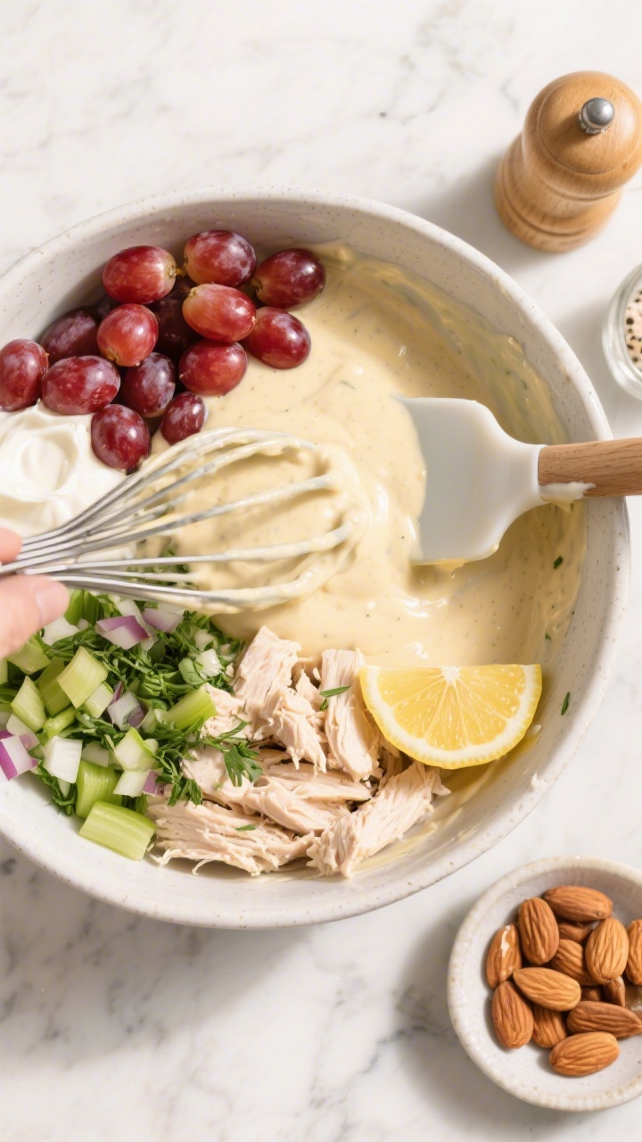 Cooking process scene: overhead shot of the dressing being whisked in a large bowl to a creamy, spoo