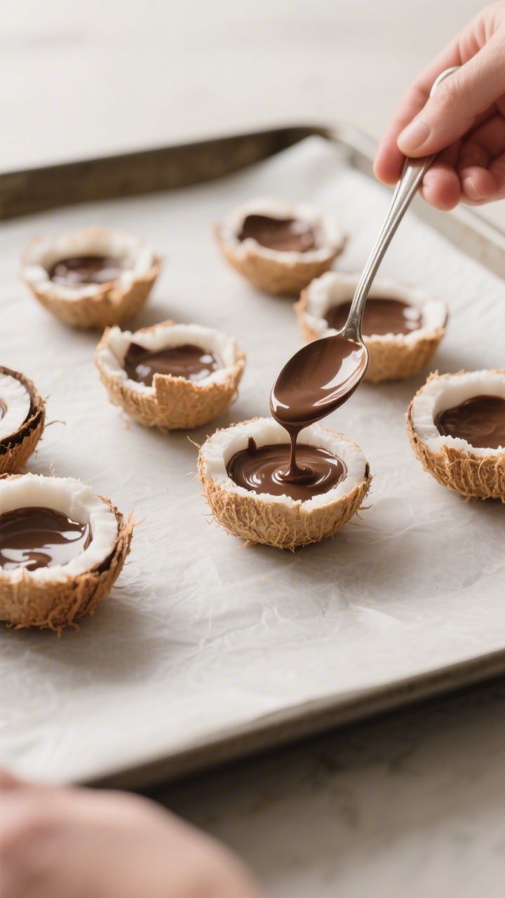 Cooking process shot: Assembled coconut nests on a parchment-lined baking sheet, each with a defined