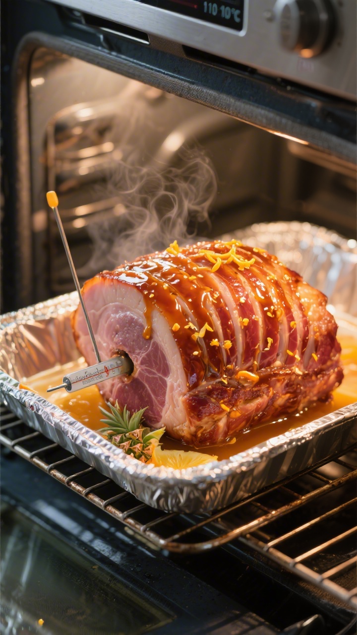 Cooking process shot of the ham uncovered in the oven on a rack inside a foil-lined roasting pan, fi