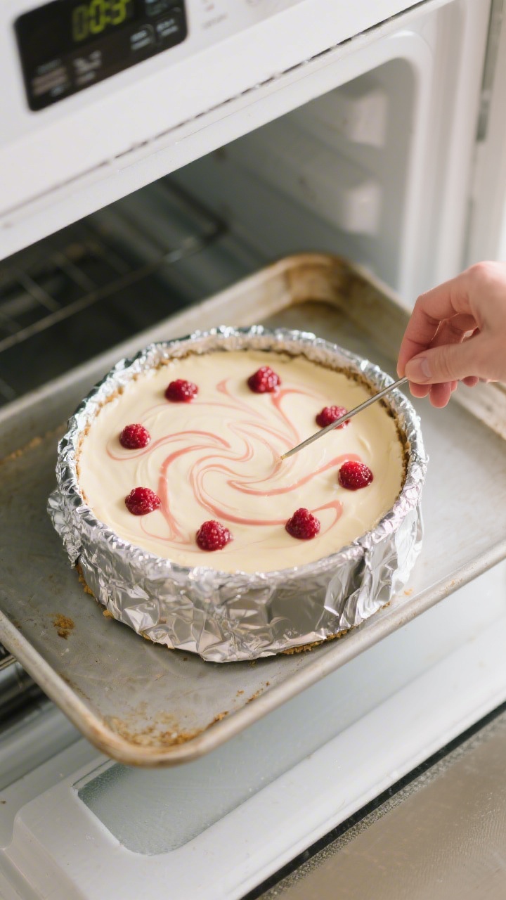 Cooking process shot: Overhead view of a foil-wrapped 9-inch springform pan nestled in a roasting pa