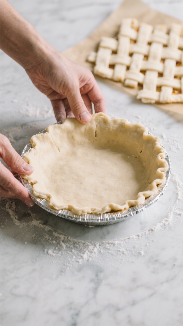 Cooking process shot: Rolled sourdough pie dough being fitted into a 9-inch pie pan—edges neatly f