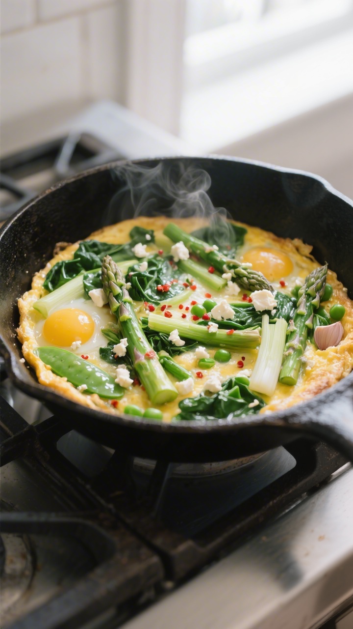 Cooking process shot: Spring vegetable frittata setting on the stovetop in a 10-inch cast-iron skill