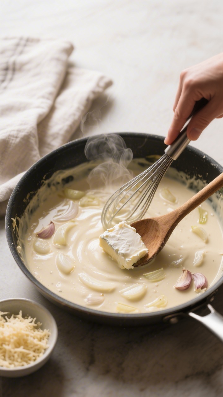 Cooking process shot: the roux-based cream sauce being whisked to silky thickness in a wide sauté p