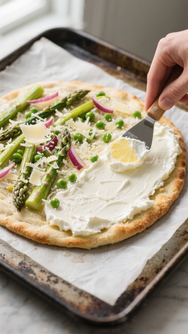 Cooking process, side angle: Parbaked spring veggie flatbread just out of a 475°F oven on a preheat