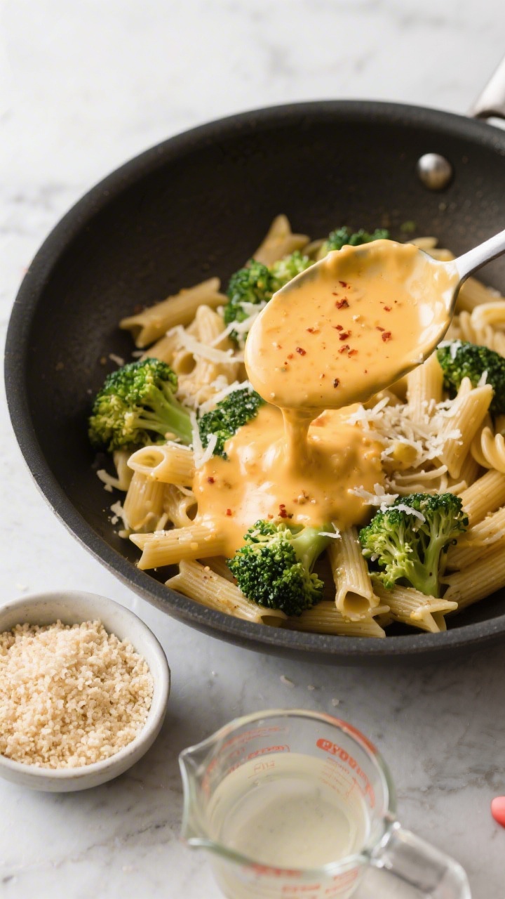 Cooking process: Silky cheddar sauce being folded with just-shy-of-al-dente pasta and blanched brocc