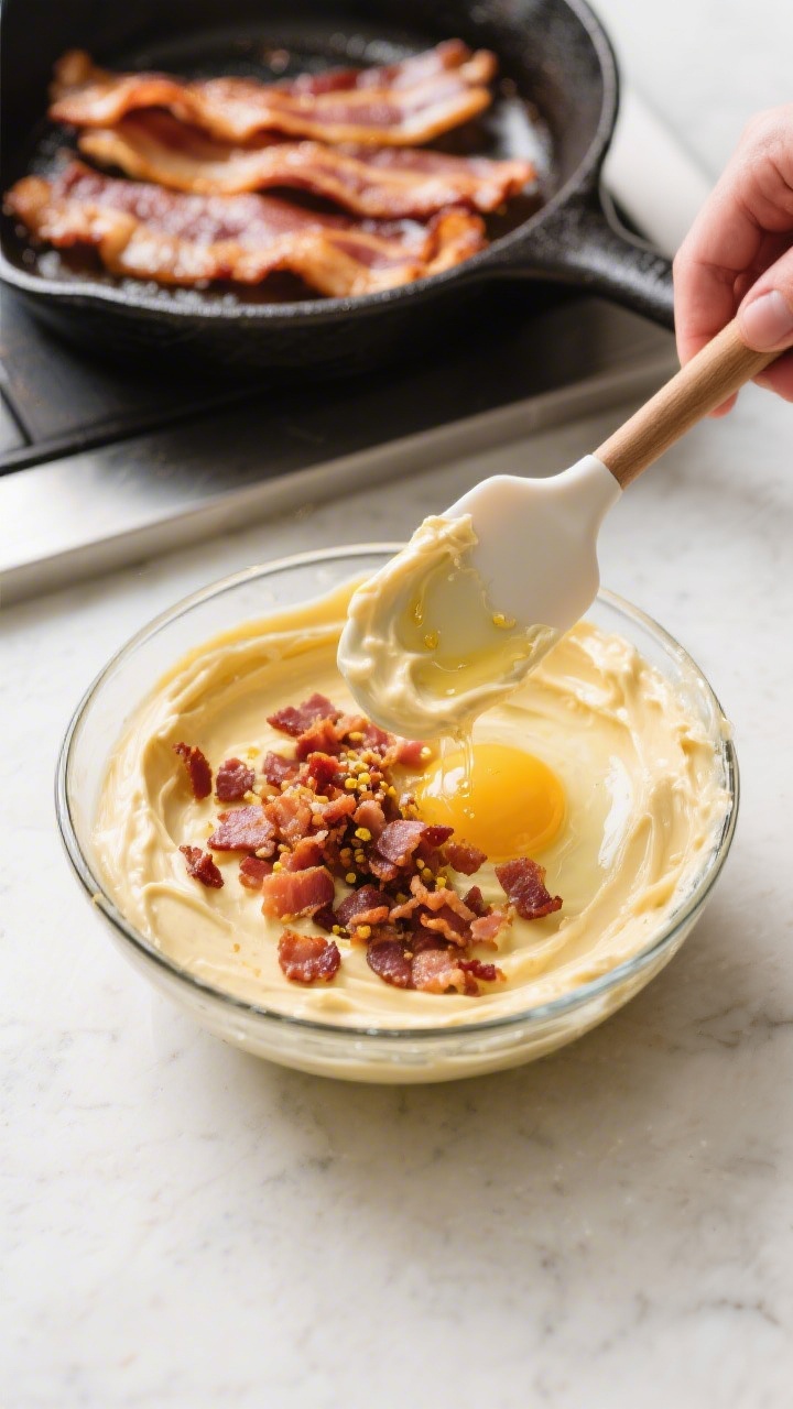 Cooking process: Thick-cut bacon cooked to a crisp in a cast-iron skillet, then finely crumbled and