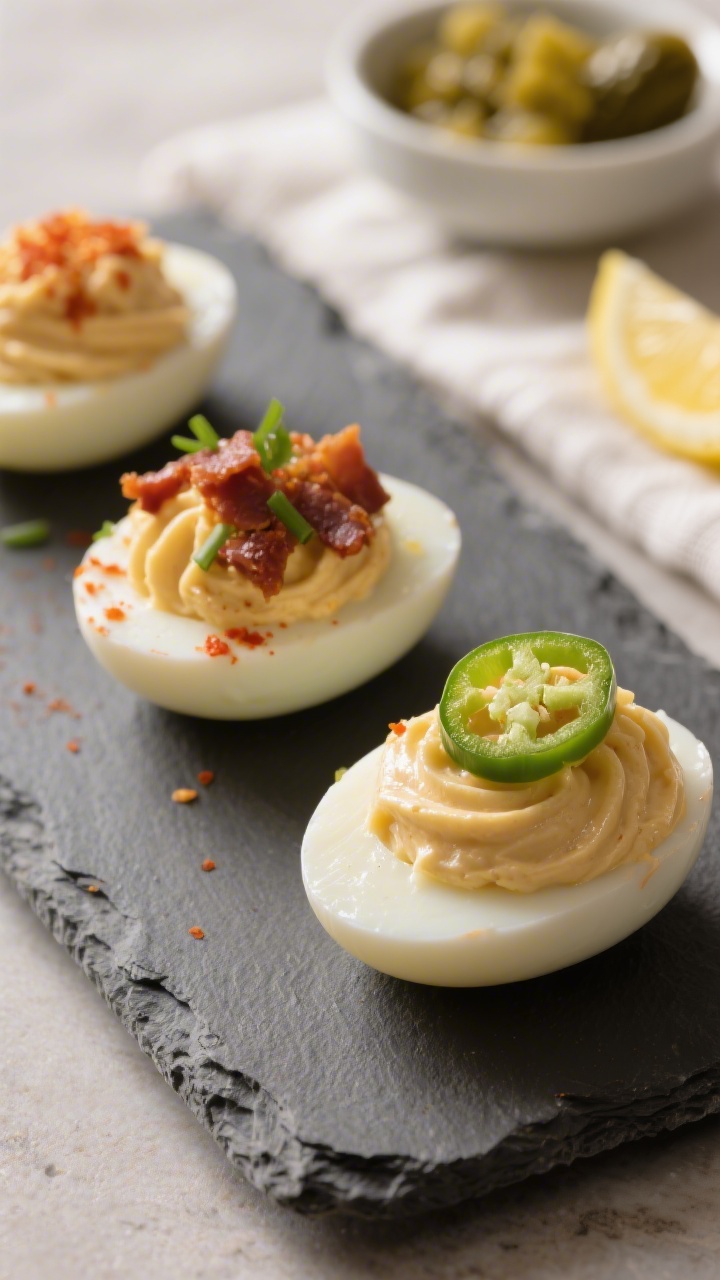 Final dish beauty: Close-up detail of deviled eggs styled three ways on a slate-gray serving board f