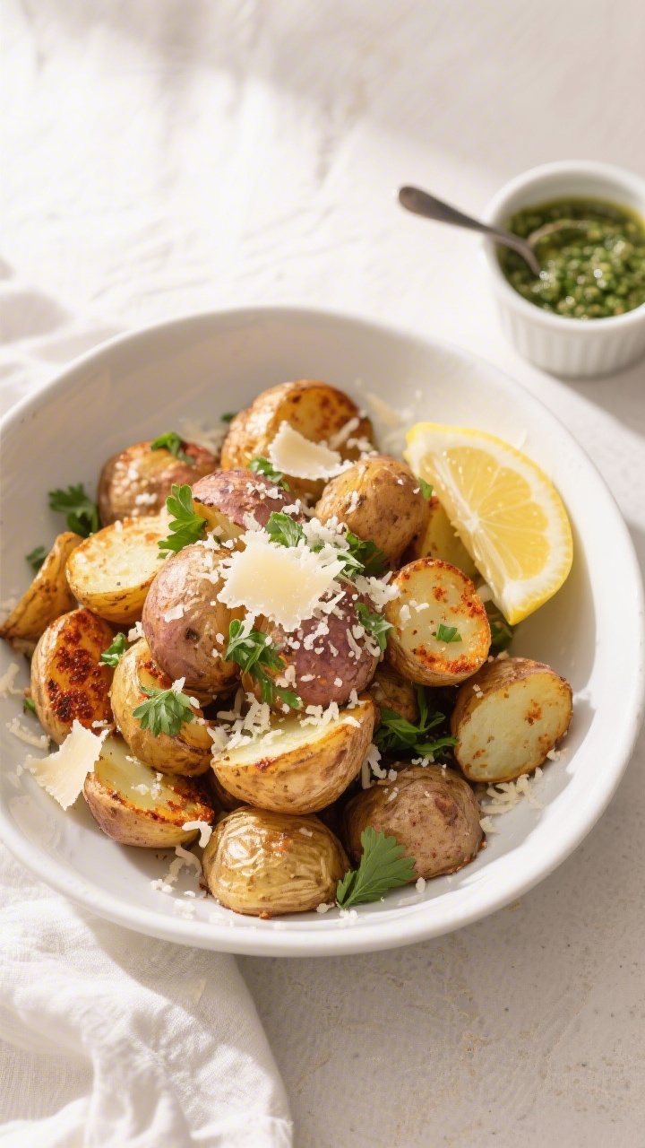Final dish, overhead presentation: Overhead shot of Garlic Parmesan Roasted Potatoes piled in a wide