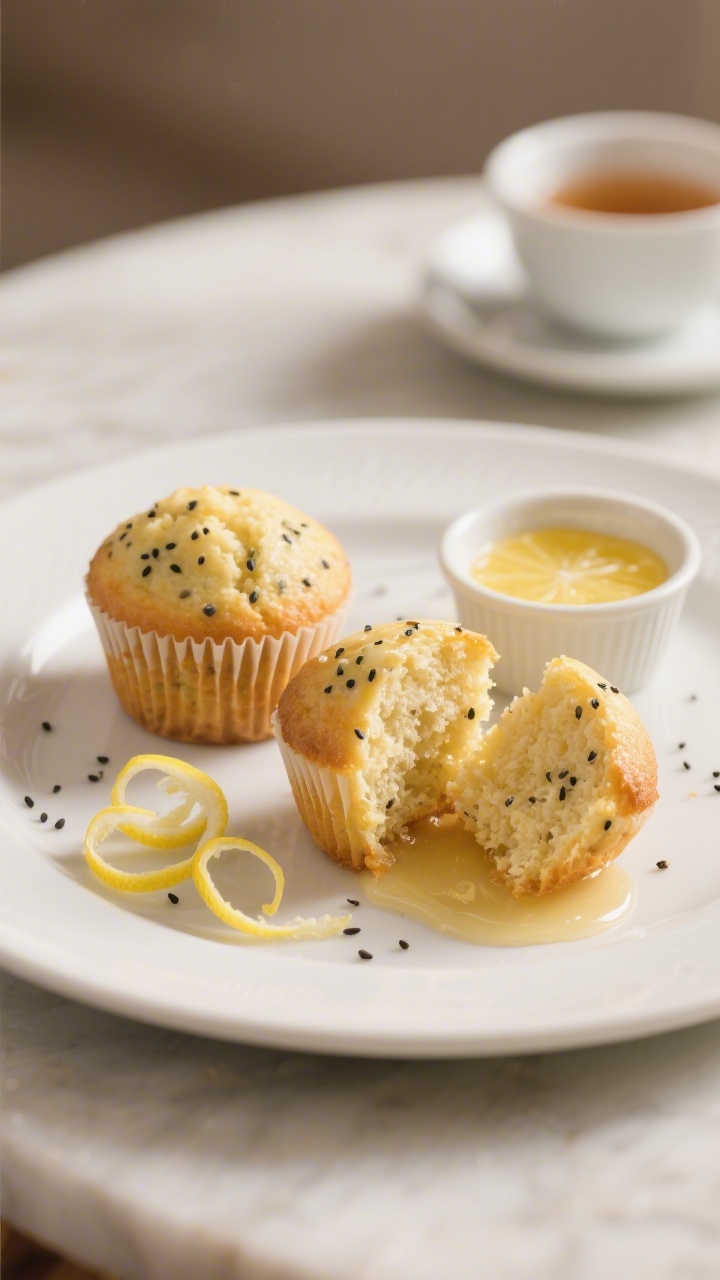 Final dish presentation: A trio of lemon poppy seed muffins plated on a matte white dessert plate, o