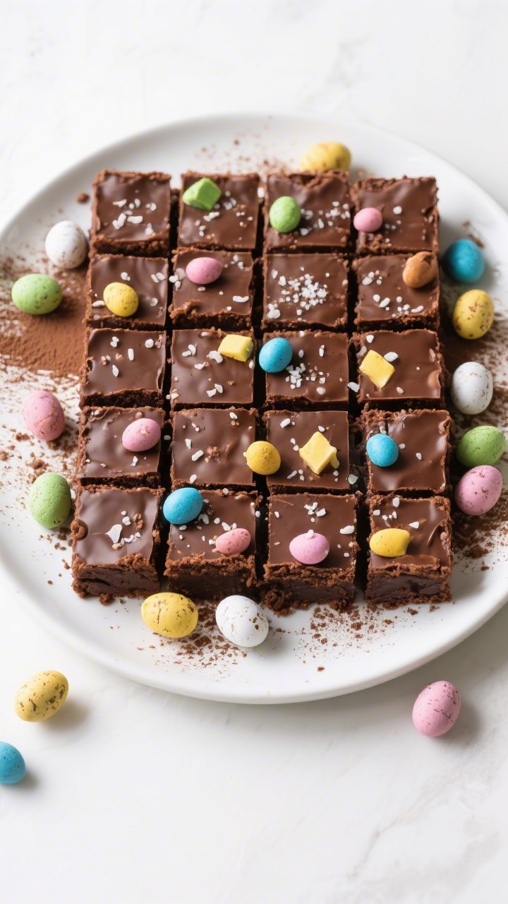 Final dish presentation: Bakery-style spread of neatly sliced brownie squares (16–24 pieces) arran