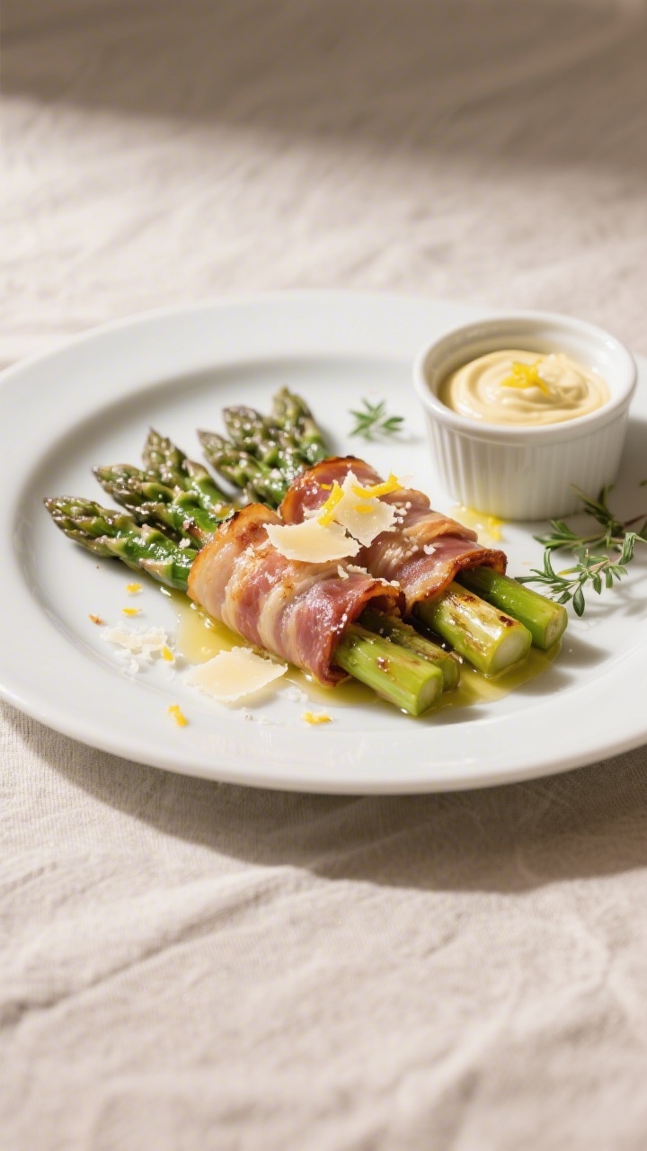 Final dish presentation: Beautifully plated bacon-wrapped asparagus bundles on a matte white oval pl