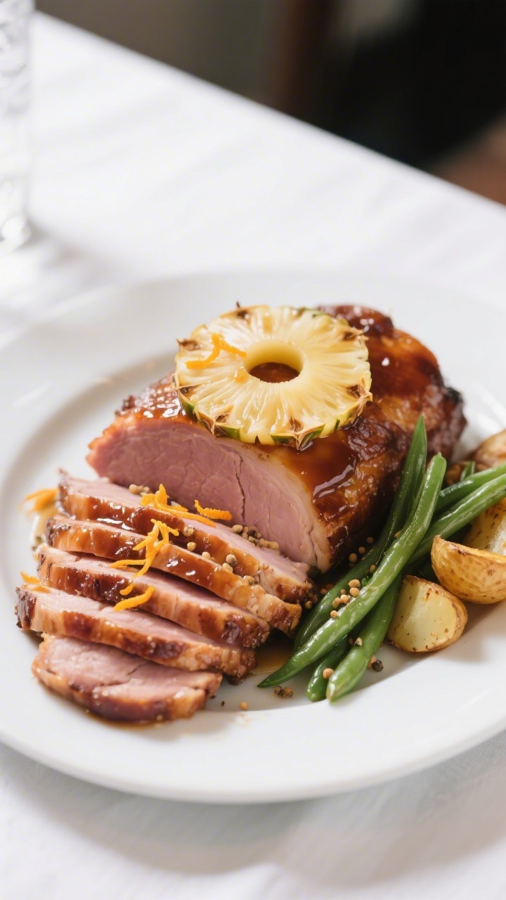 Final dish presentation: Beautifully plated Brown Sugar Pineapple Ham on a white platter, slices nea