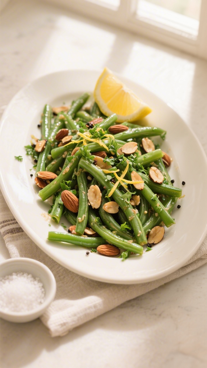 Final dish presentation: Beautifully plated Green Bean Almondine on a warm white oval platter, overh