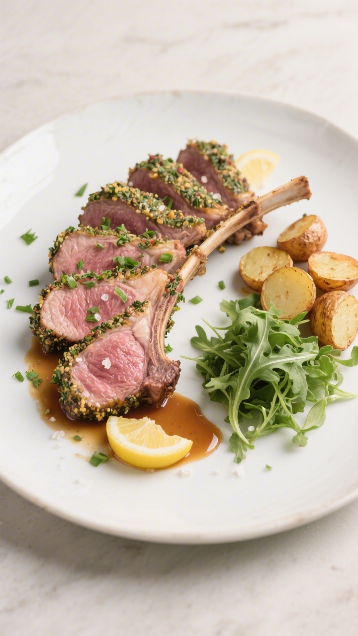 Final dish presentation: Beautifully plated herb-crusted rack of lamb chops arranged in a fanned arc