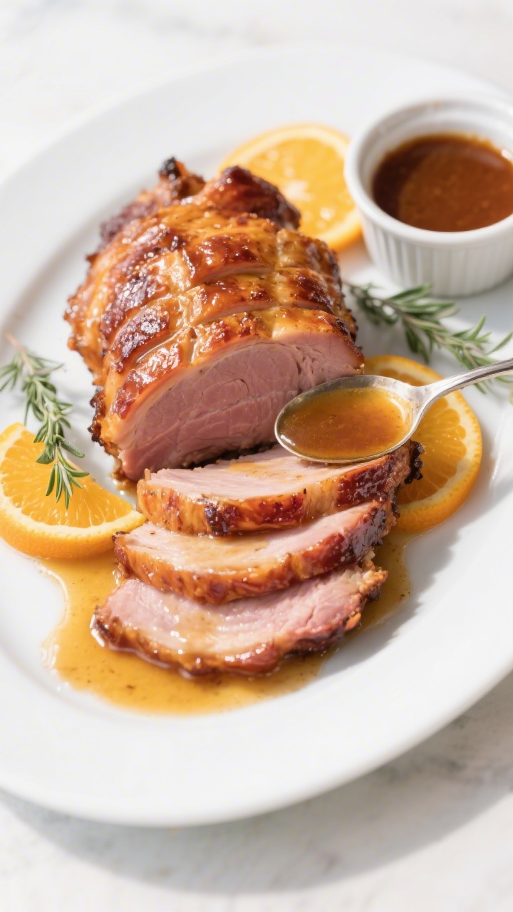 Final dish presentation: Beautifully plated Honey Mustard Baked Ham on a white platter, spiral slice