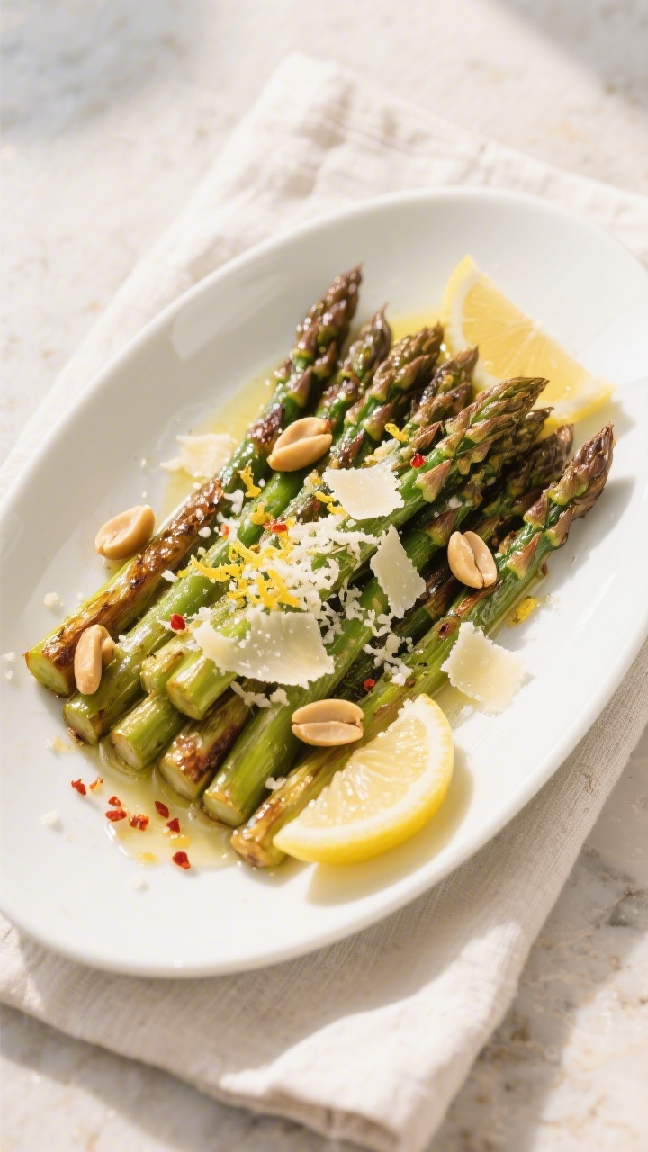 Final dish presentation: Beautifully plated roasted asparagus with Parmesan on a long white oval pla