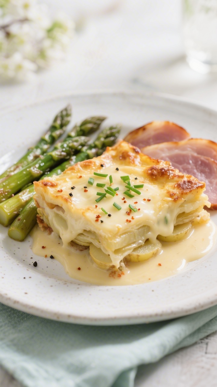Final dish presentation: Beautifully plated slice of the potato casserole on a white stoneware plate