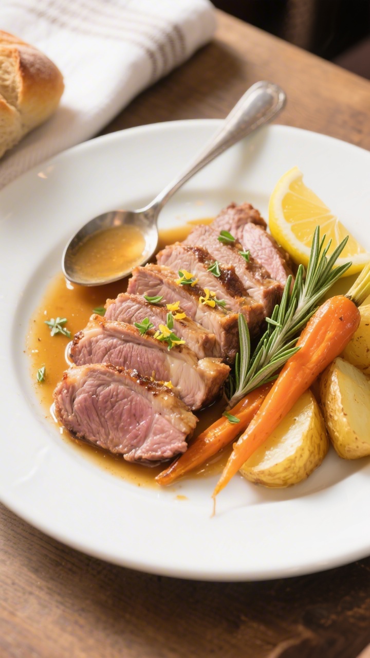 Final dish presentation: Beautifully plated slices of rosemary lemon roasted lamb arranged in a slig