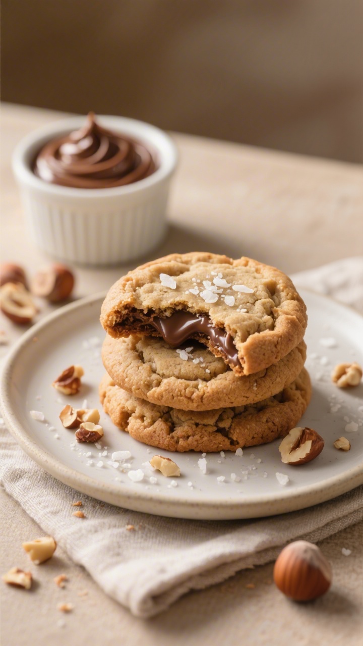 Final dish presentation: Beautifully plated Soft Chewy Sourdough Nutella Cookies stacked on a matte 