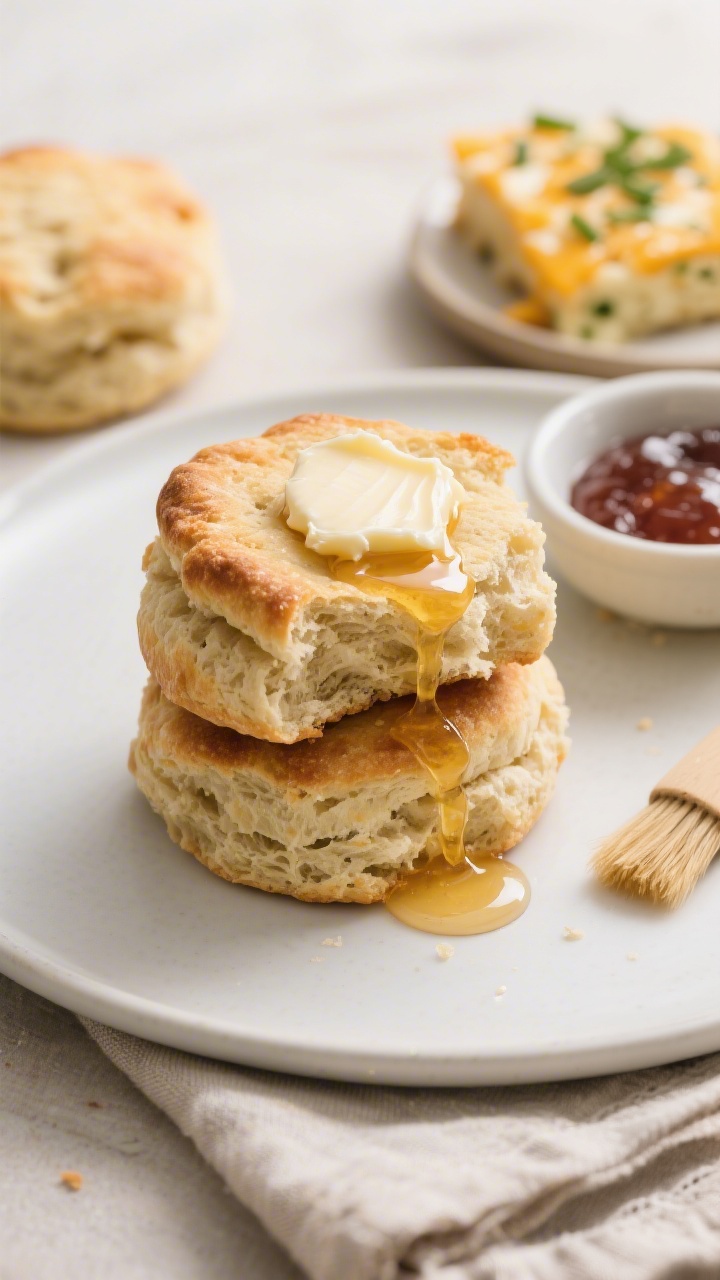 Final dish presentation: Beautifully plated sourdough discard biscuits split open and stacked on a m