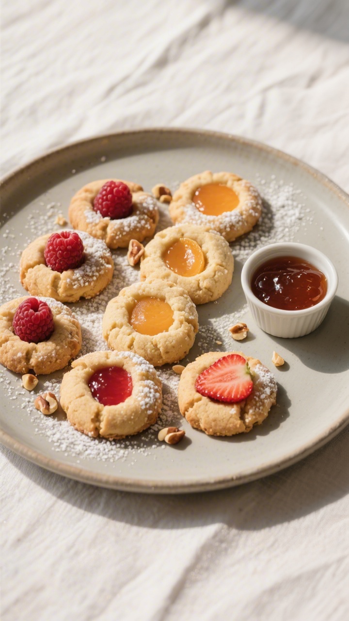 Final dish presentation: Beautifully plated sourdough thumbprint cookie assortment on a matte cerami