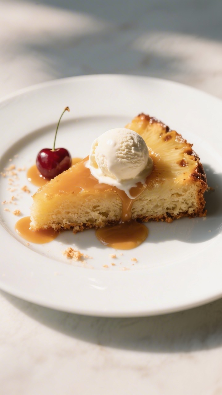 Final dish presentation: Beautifully plated wedge of pineapple upside down cake on a simple white de