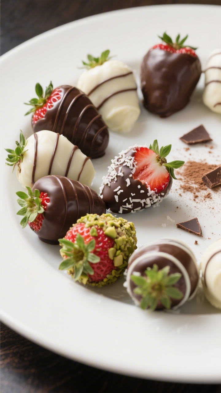 Final dish presentation: Elegant plate of assorted chocolate-covered strawberries arranged in a loos