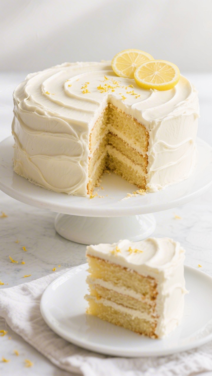 Final dish presentation: Fully frosted lemon layer cake with smooth sides and subtle swooping swirls