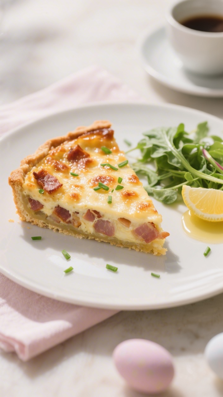 Final dish presentation: Quiche Lorraine baked to perfection with gently set, custardy center and br