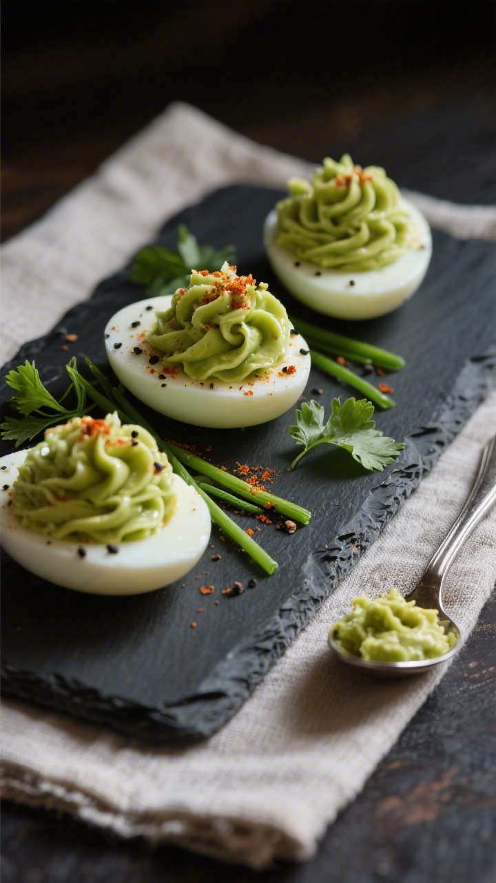 Final dish presentation: Restaurant-quality plate of avocado deviled eggs with ultra-smooth piped ro