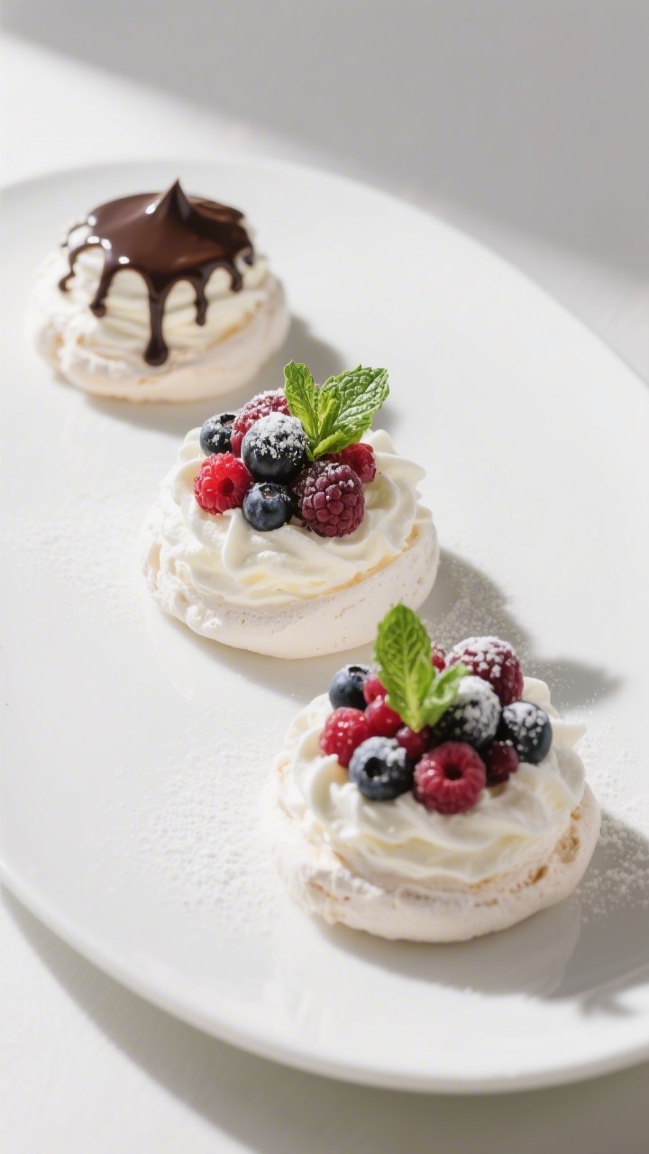 Final dish presentation: Restaurant-quality plated trio of mini pavlovas on a matte white platter—