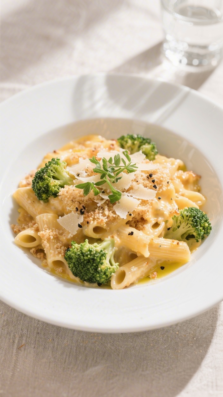 Final dish presentation: Restaurant-quality plated serving of Broccoli Cheddar Pasta Bake on a matte