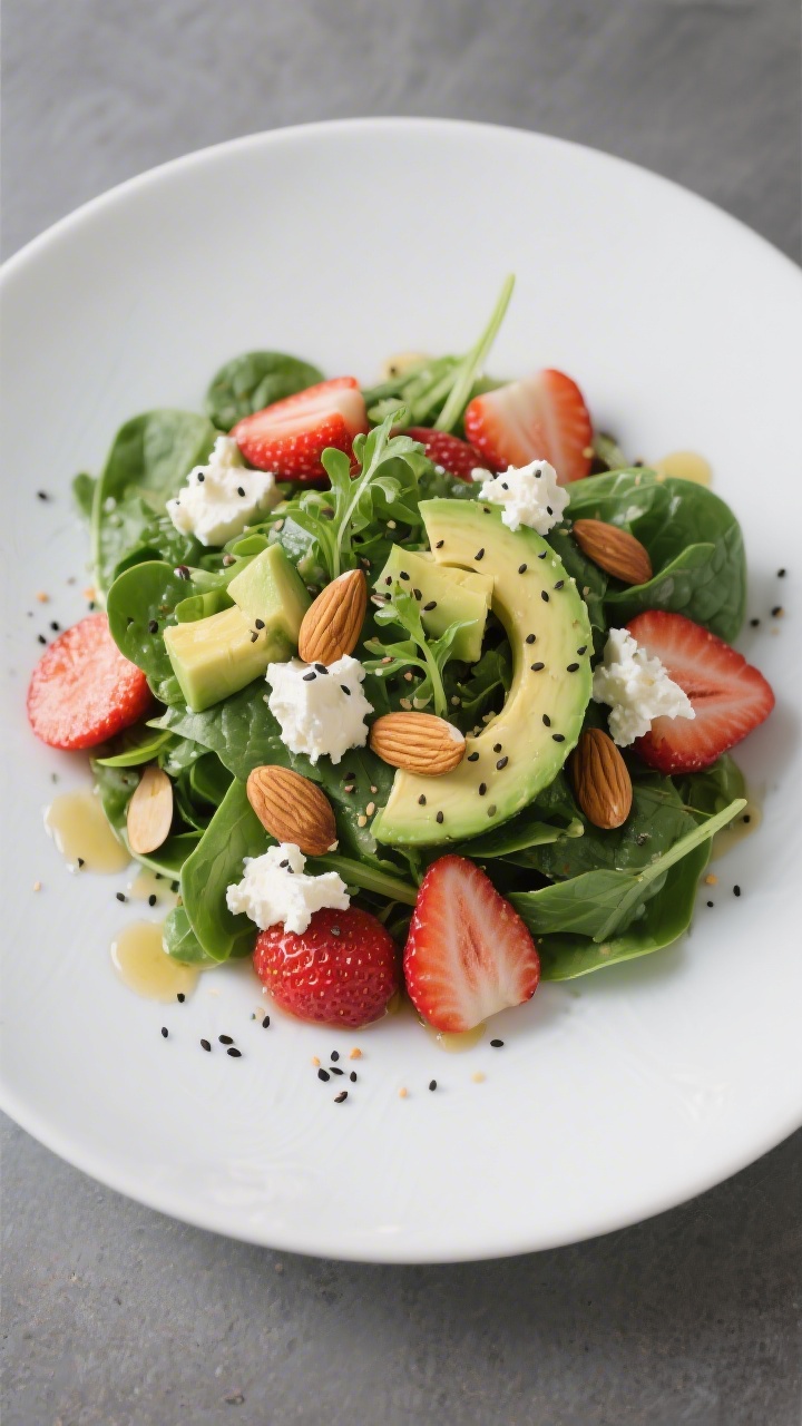 Final dish presentation: Restaurant-quality plated Strawberry Spinach Salad arranged on a wide, matt