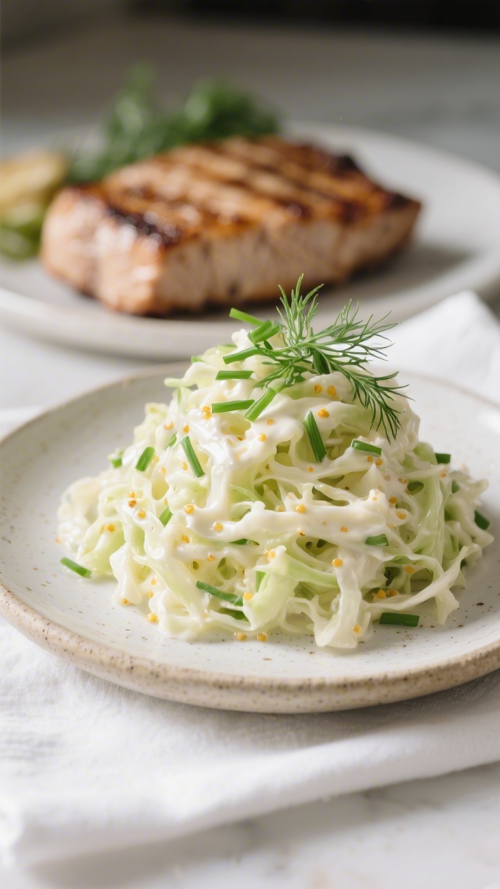 Final dish presentation: Restaurant-quality plated creamy coleslaw as a side, mounded neatly in a sh