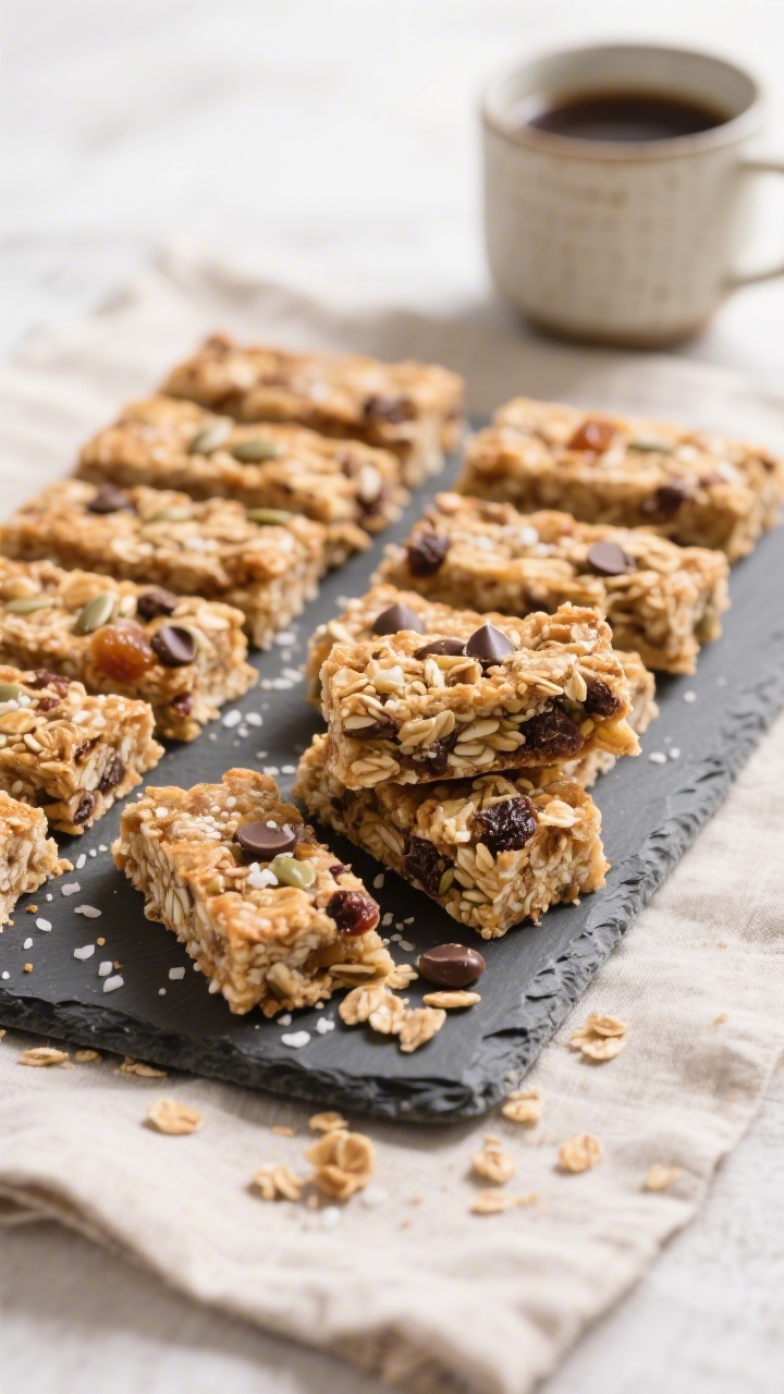 Final dish presentation: Sliced sourdough granola bars arranged in tidy rows on a slate board, 12–