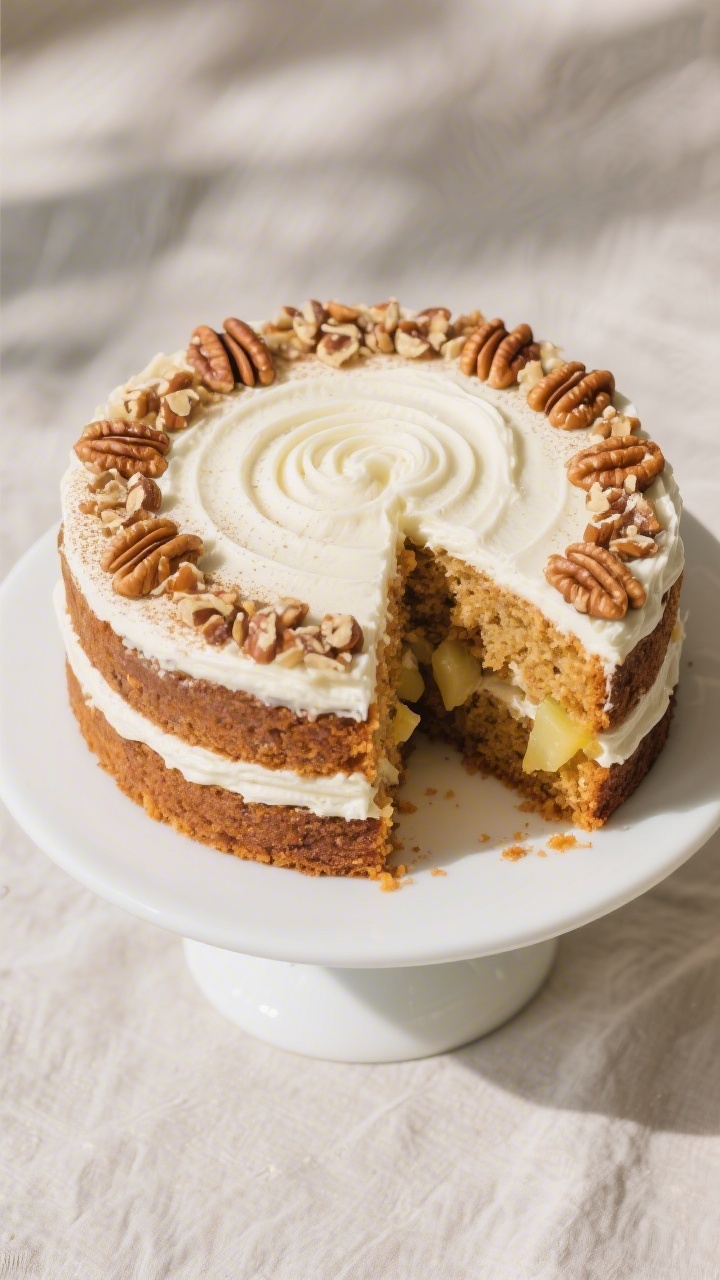 Final dish presentation: Tasty top-view of a finished carrot layer cake on a white cake stand, sides