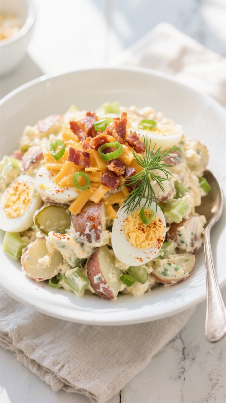 Final dish, top view – Overhead shot of Loaded Deviled Egg Potato Salad mounded in a wide white se
