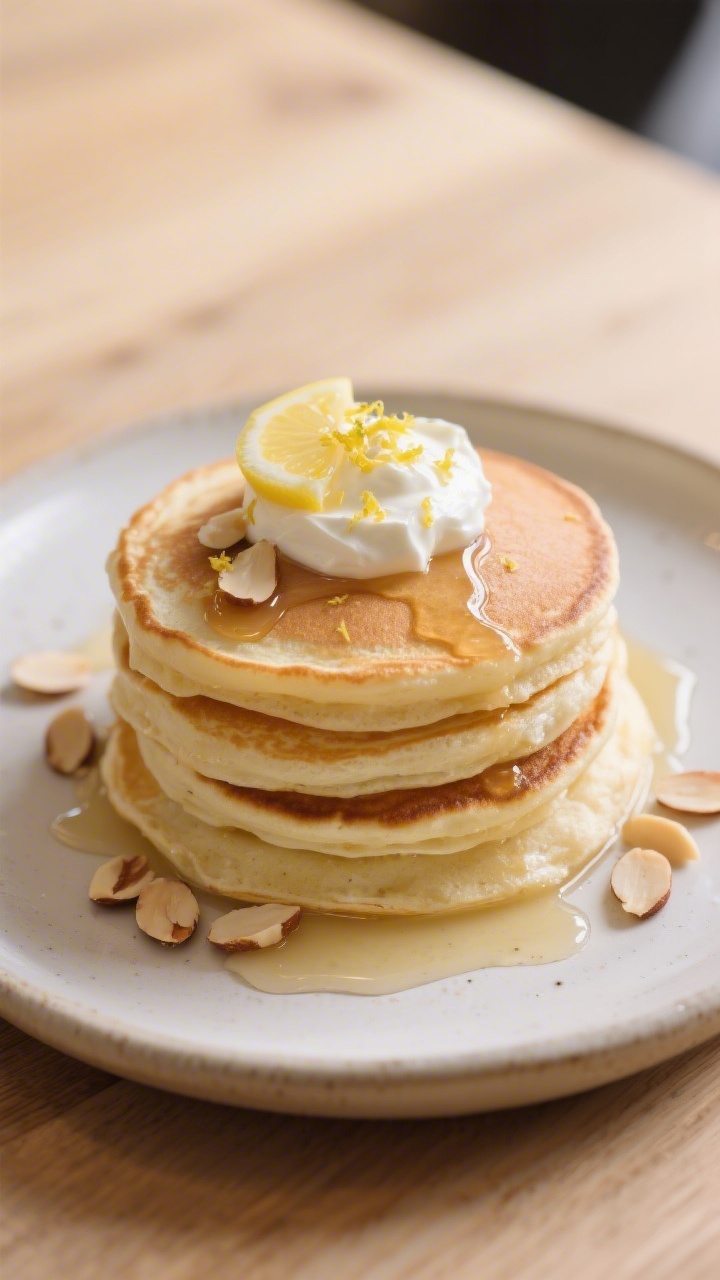 Final plated beauty shot at a slight 45-degree angle: Lemon Ricotta Pancakes arranged in a neat stac