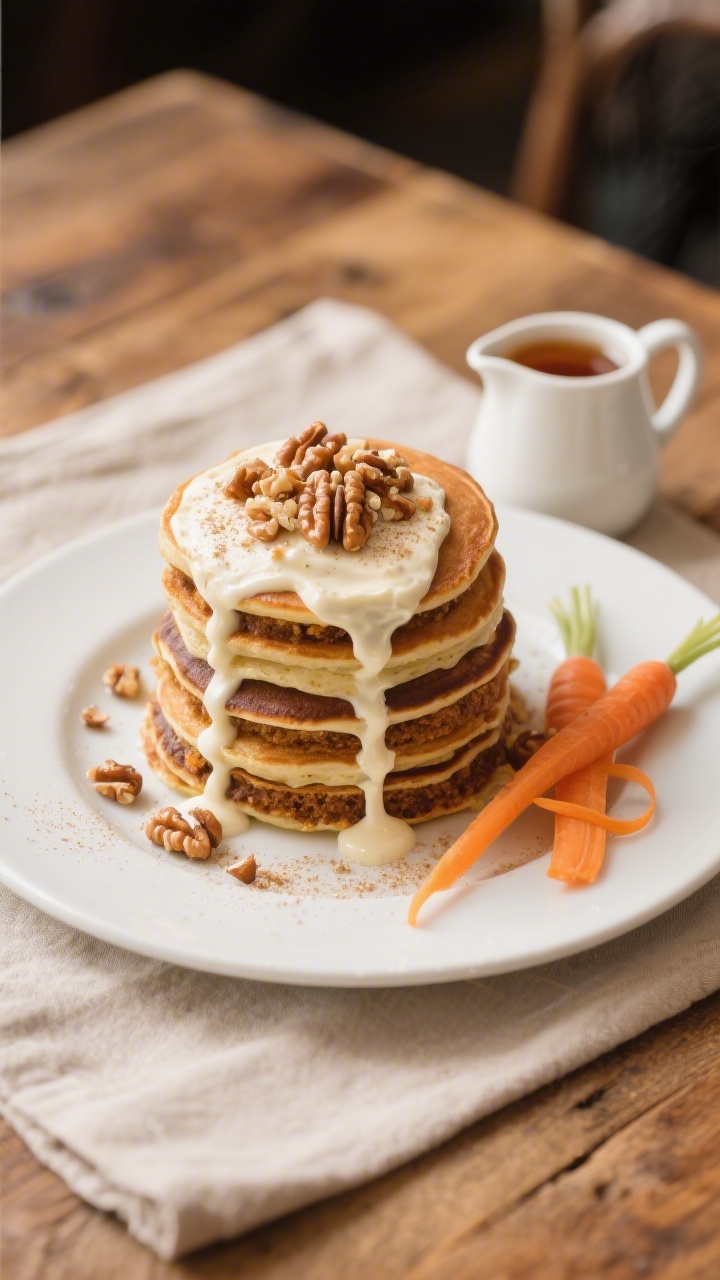 Final plated dish: A tall stack of carrot cake pancakes on a matte white plate, generous tangy cream
